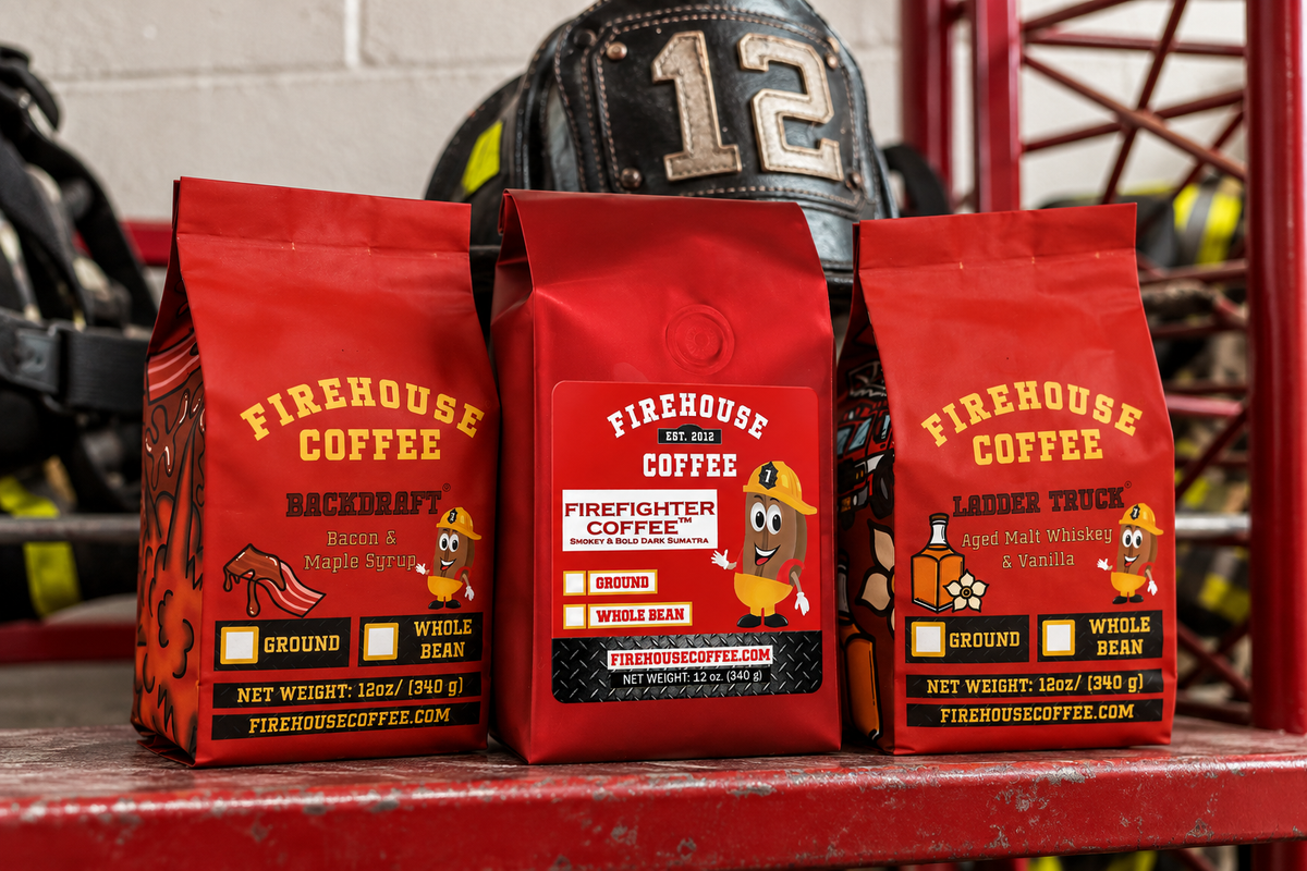 Backdraft, Firefighter Sumatra and Ladder Truck coffee bags in front of Mike Adams's number 12 firefighter helmet.