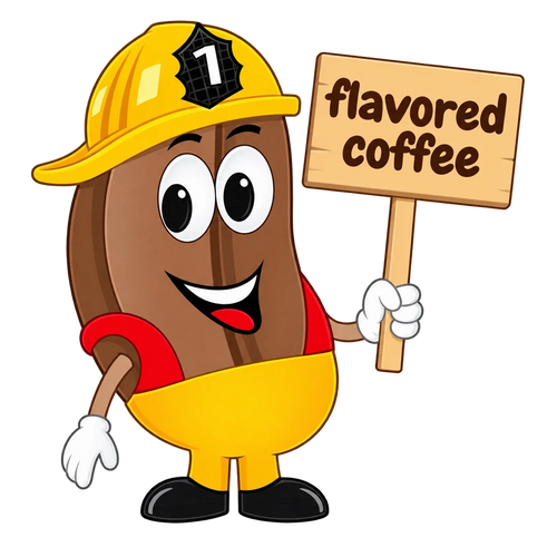 Firehouse Coffee firefighter bean holding a flavored coffee sign