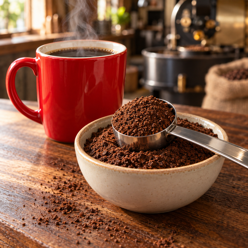 Ground coffee in a metal scoop and cream ceramic bowl beside a steaming red mug.