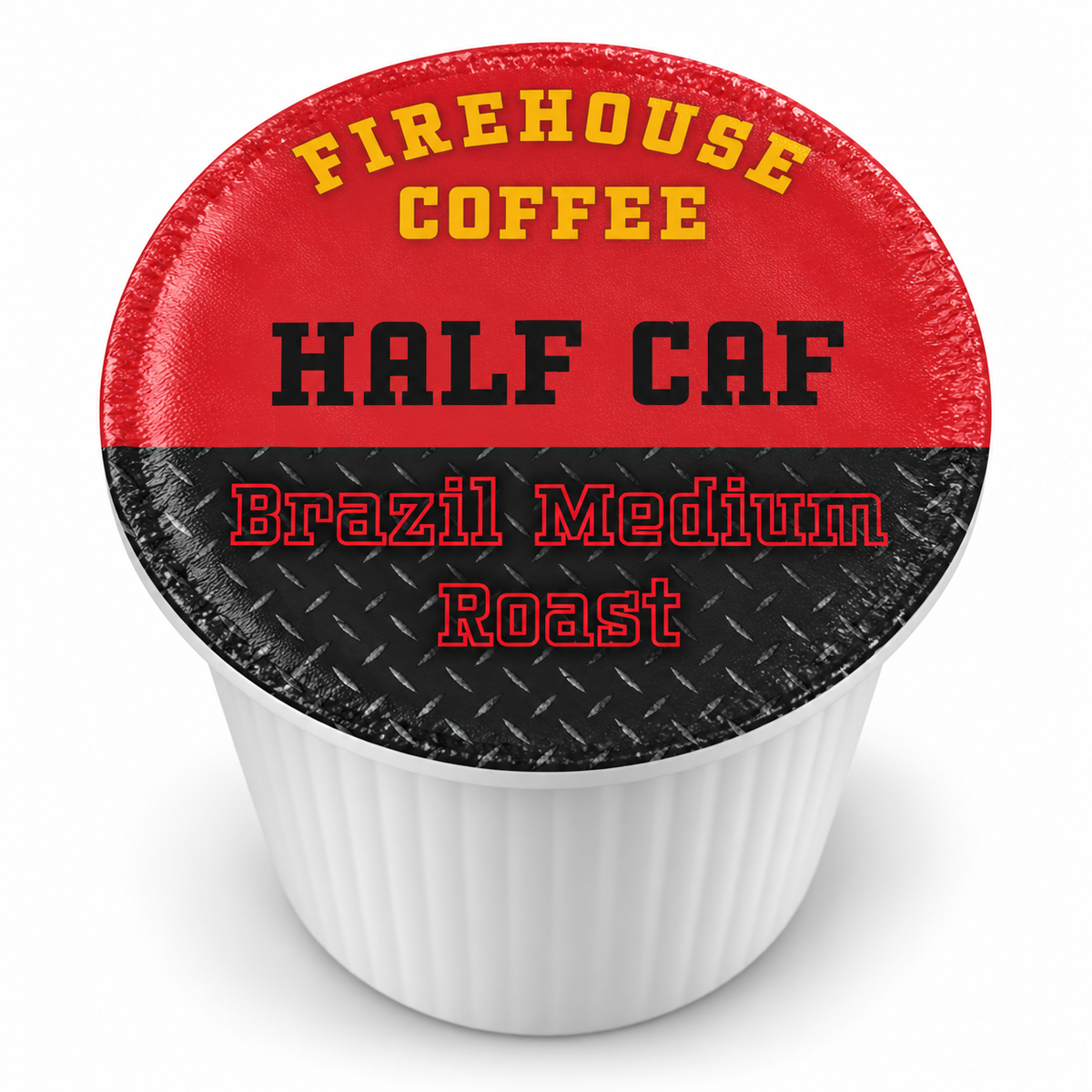 Firehouse Coffee Half Caf Brazil Medium Roast K-Cup with a red and black lid on a white single-serve coffee pod.