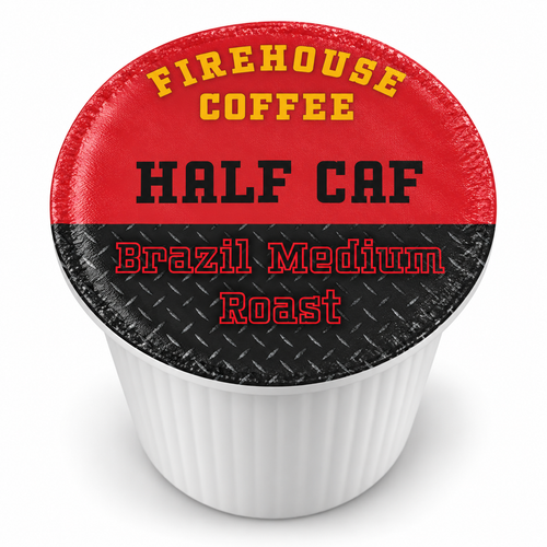 Firehouse Coffee Half Caf Brazil Medium Roast K-Cup with a red and black lid on a white single-serve coffee pod.