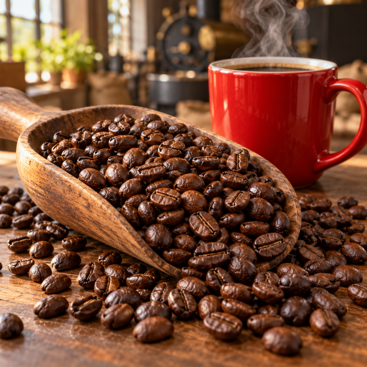 Medium Roast whole bean coffee in a wooden scoop beside a steaming red mug on the Firehouse counter.