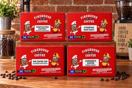 Firehouse Coffee dark roast K-Cup boxes: Firefighter Sumatra, Ethiopian, Coffee Cop Colombian and Coroner’s French Roast.