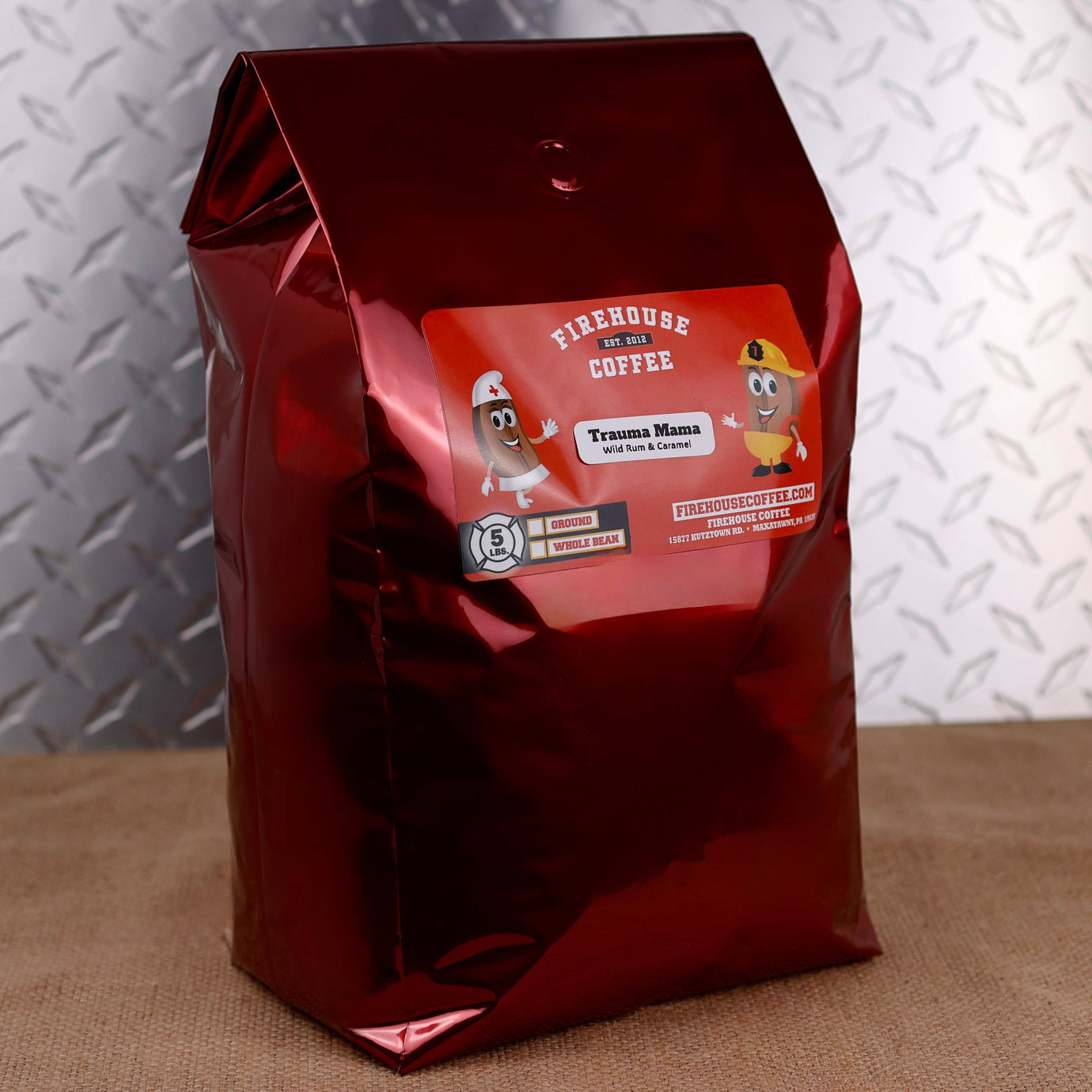 Trauma Mama® 5 lb bulk flavored coffee bag featuring Wild Rum & Caramel flavor, freshly roasted premium Arabica coffee by Firehouse Coffee available in whole bean or ground.