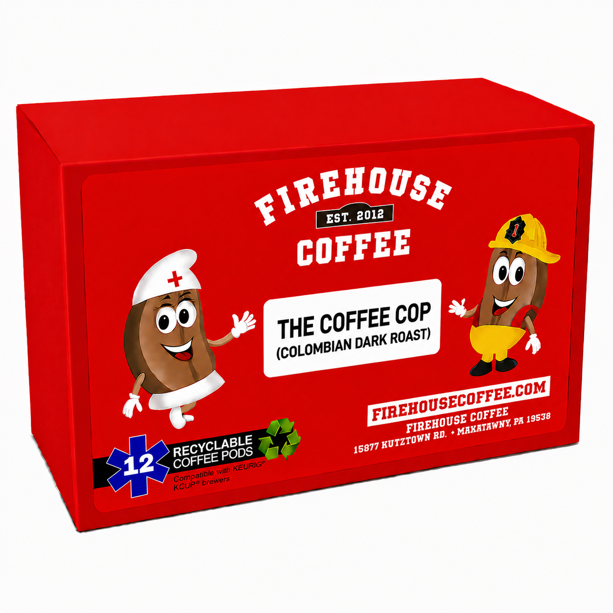 Firehouse Coffee The Coffee Cop Colombian Dark Roast 12-count K-Cup coffee pods in a bright red recyclable box featuring firefighter and nurse coffee bean mascots. Premium Colombian dark roast coffee compatible with Keurig K-Cup brewers, delivering a bold, rich flavor for coffee lovers and first responders.
