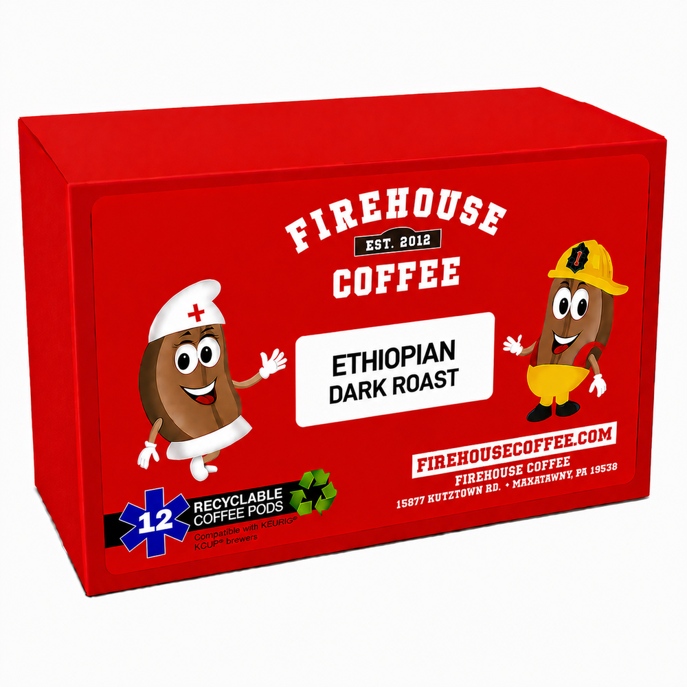 Firehouse Coffee Ethiopian Dark Roast 12-count K-Cup coffee pods in a bright red recyclable box featuring firefighter and nurse coffee bean mascots. Premium Ethiopian dark roast coffee with bold notes of dark chocolate, blackberry, and roasted cocoa, compatible with Keurig® K-Cup brewers.