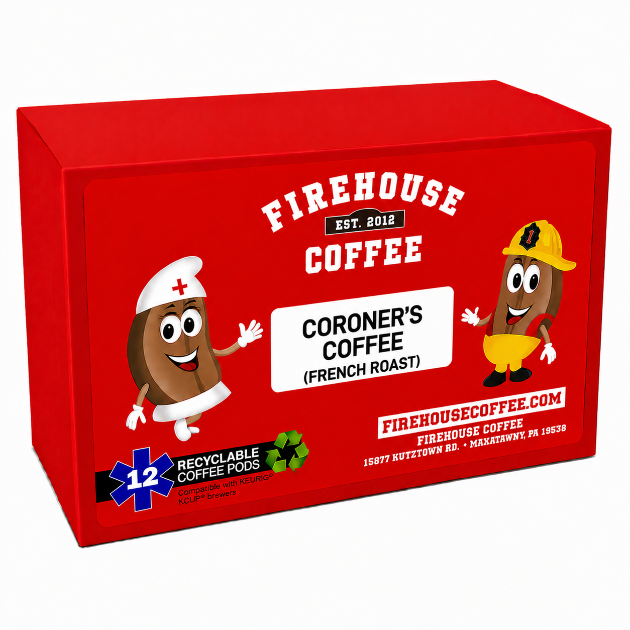 Firehouse Coffee Coroner's Coffee French Roast 12-count K-Cup coffee pods in a bright red recyclable box featuring firefighter and nurse coffee bean mascots. Premium French Roast coffee with bold smoky flavor, dark chocolate notes, and a smooth finish, compatible with Keurig® K-Cup brewers.