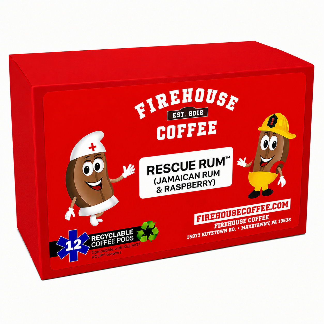 Rescue Rum™ Jamaican Rum & Raspberry flavored coffee K-Cups, 12-count recyclable coffee pods featuring firefighter and nurse bean characters on a bright red box, compatible with Keurig® brewers.