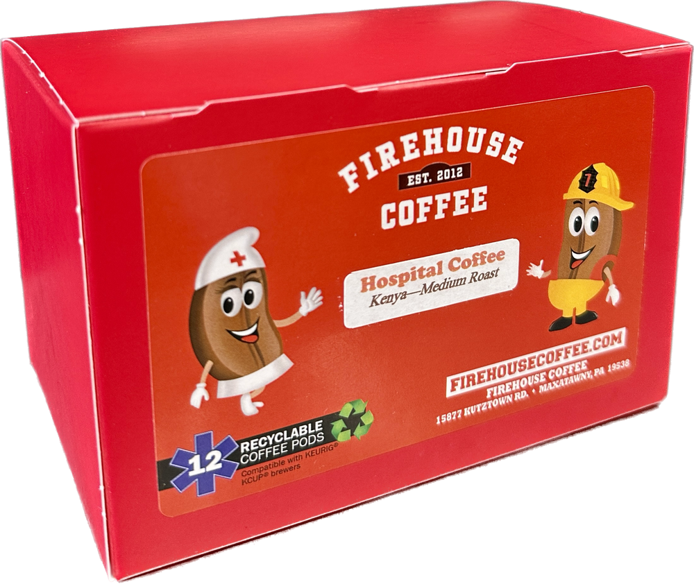 Hospital Coffee Kenya Medium Roast 12-count K-Cups by Firehouse Coffee featuring premium Kenyan Arabica coffee pods inspired by nurses and healthcare professionals