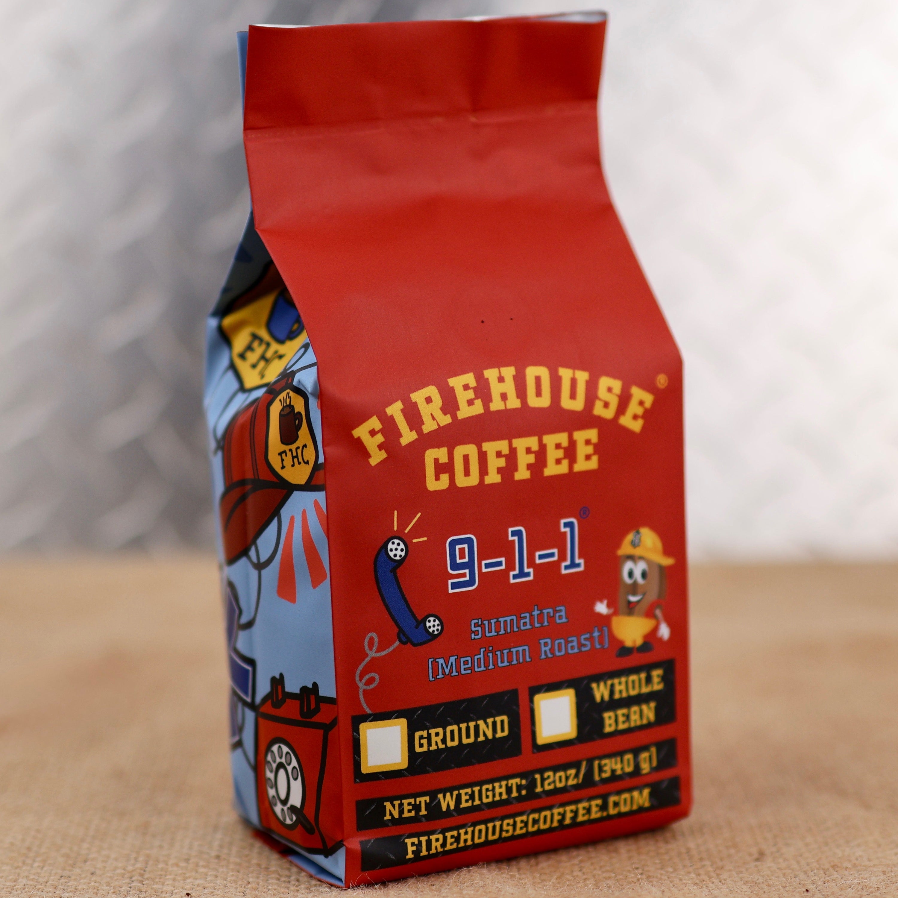 911 Coffee Sumatra Medium Roast by Firehouse Coffee featuring premium fresh roasted Sumatra Arabica coffee with a Star of Life, police badge, and emergency telephone artwork