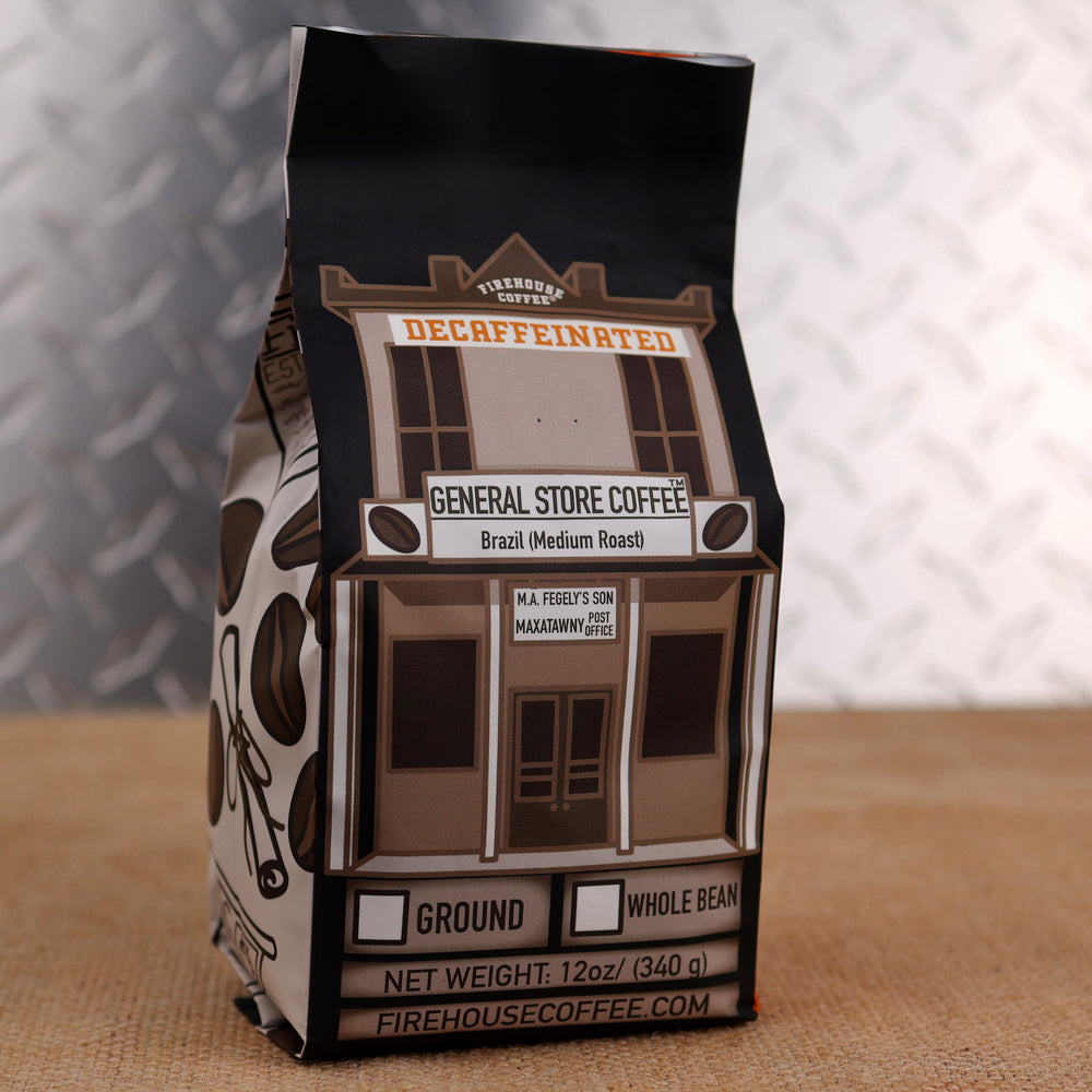 Firehouse Coffee General Store Decaf Brazil Swiss Water Decaf medium roast coffee bag, featuring smooth Brazilian coffee with chocolate and roasted nut notes, available whole bean or ground.