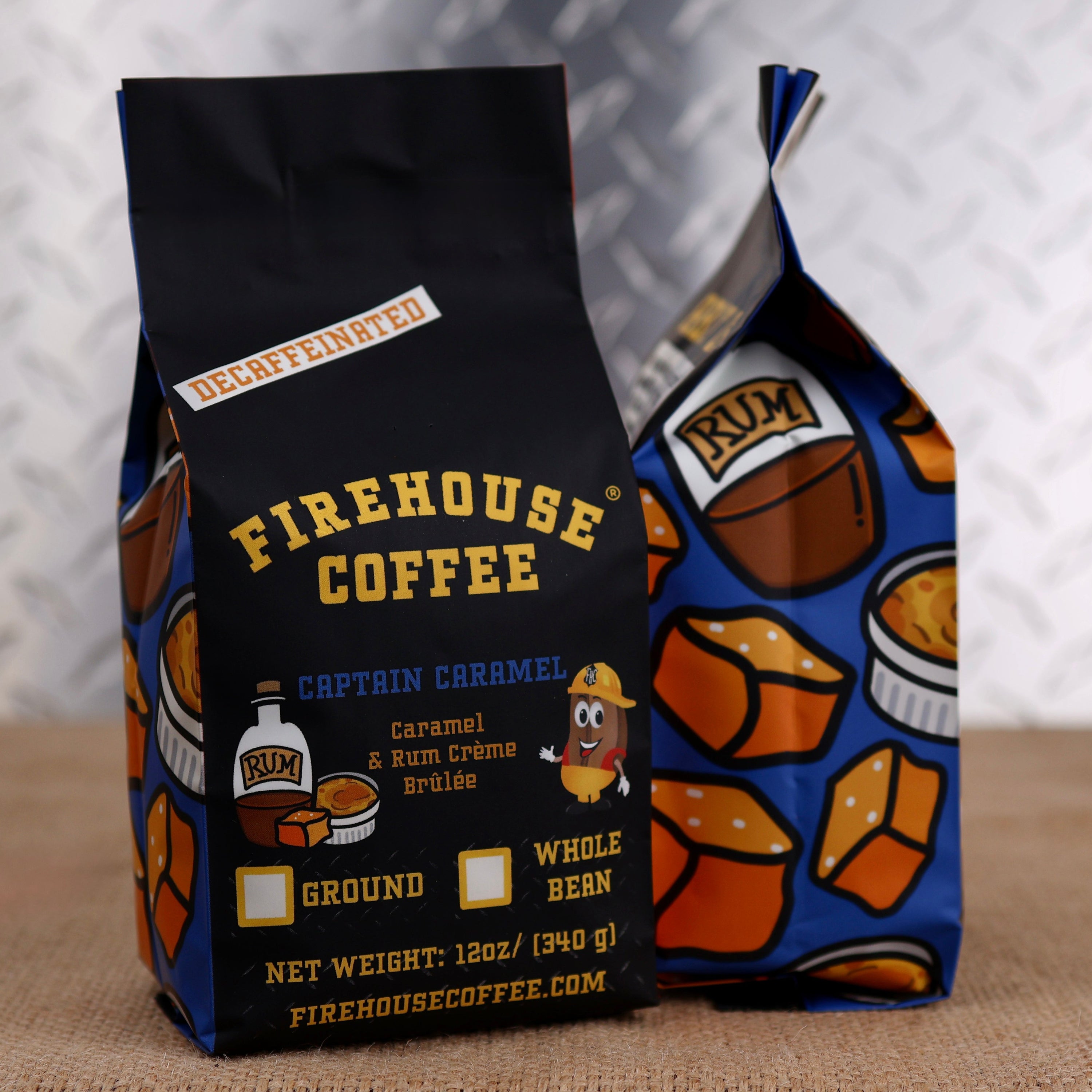 Firehouse Coffee Captain Caramel™ Decaf Caramel & Rum Crème Brûlée coffee blends smooth caramel, creamy vanilla custard, and rum-inspired flavor into a freshly roasted gourmet decaffeinated coffee. Available in whole bean or ground.