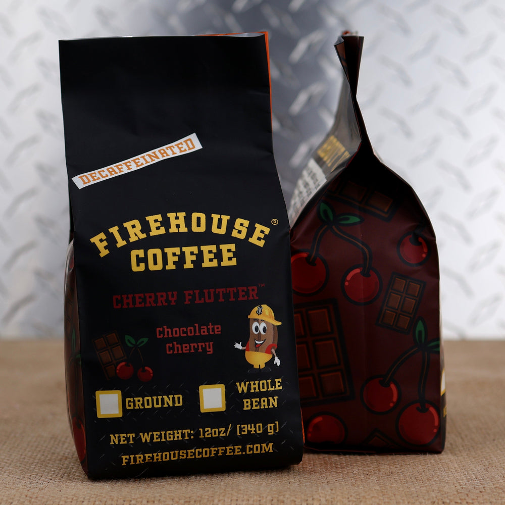 Cherry Flutter Chocolate Cherry Coffee. This premium Swiss Water Process decaf coffee combines the rich taste of smooth milk chocolate with the bright, juicy flavor of ripe cherries for a dessert-inspired cup that's perfect any time of day