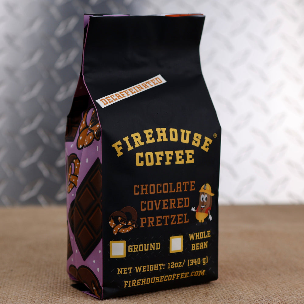 12oz bag of Firehouse Coffee Decaf Chocolate Covered Pretzel flavored coffee featuring a chocolate and pretzel-themed package, Swiss Water Process decaf coffee with sweet and salty gourmet dessert flavors.