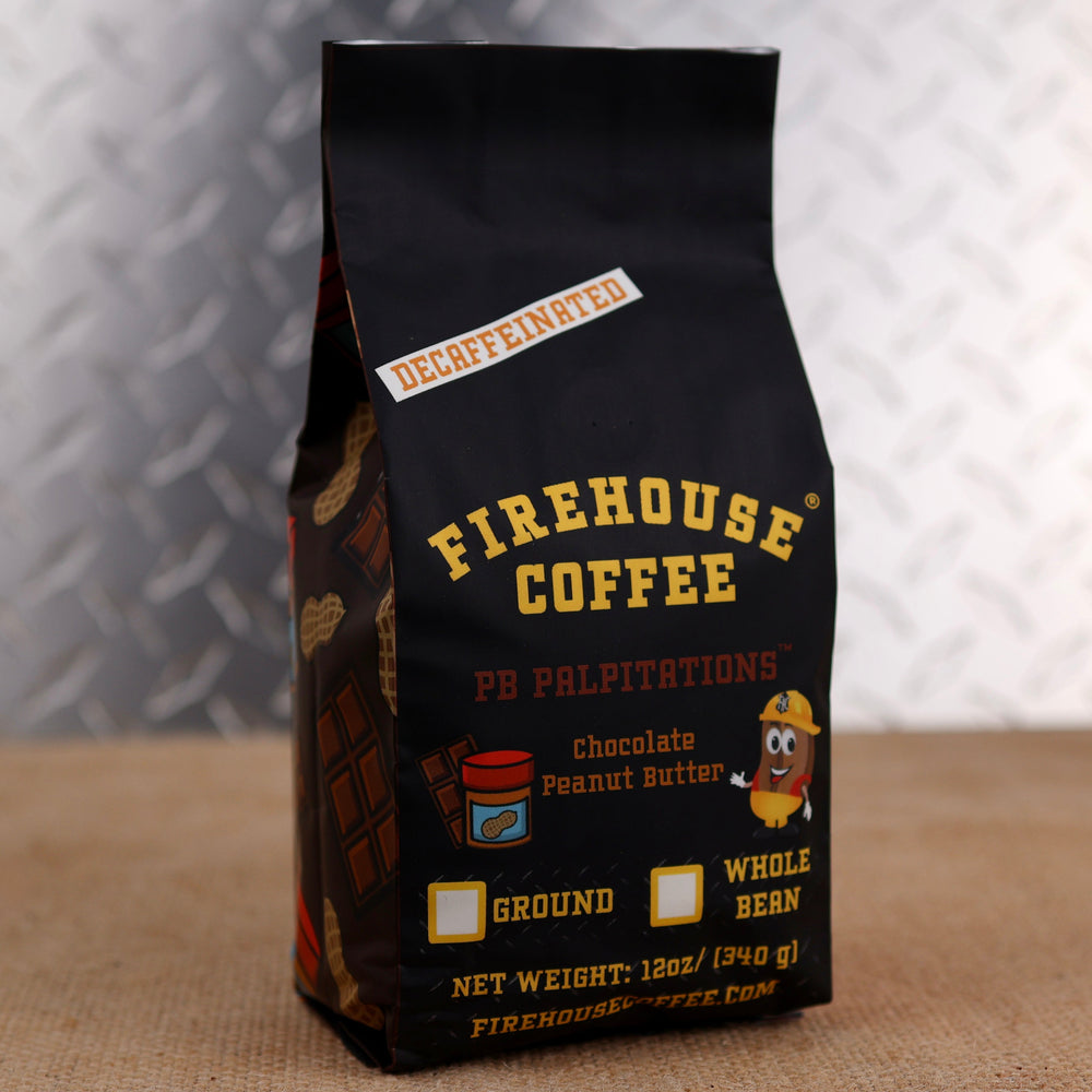 12 oz bag of Firehouse Coffee PB Palpitations Decaf Chocolate Peanut Butter Coffee, featuring Swiss Water Process decaf coffee with smooth chocolate and roasted peanut butter flavor. Fresh roasted, available in whole bean or ground.