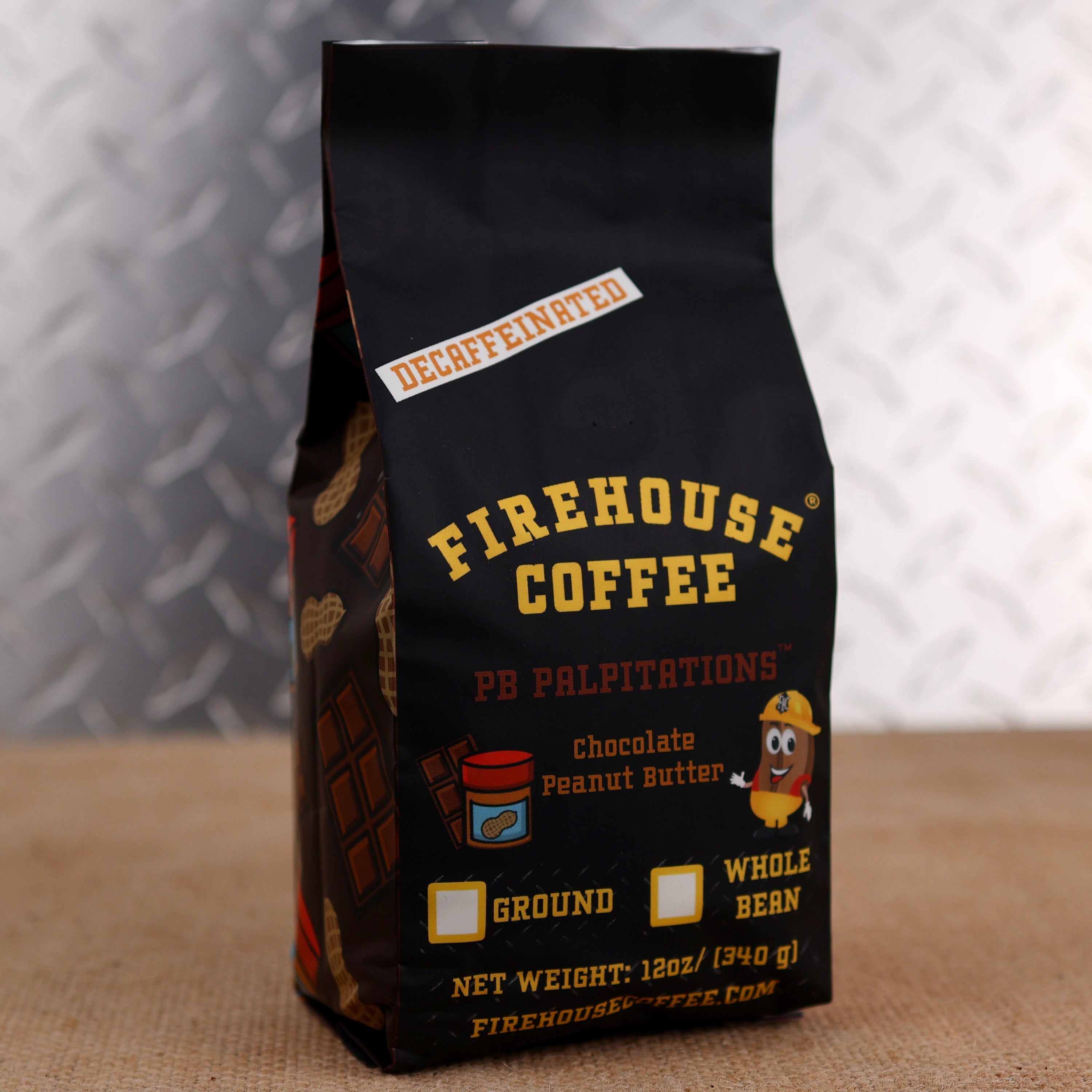 12 oz bag of Firehouse Coffee PB Palpitations Decaf Chocolate Peanut Butter Coffee, featuring Swiss Water Process decaf coffee with smooth chocolate and roasted peanut butter flavor. Fresh roasted, available in whole bean or ground.