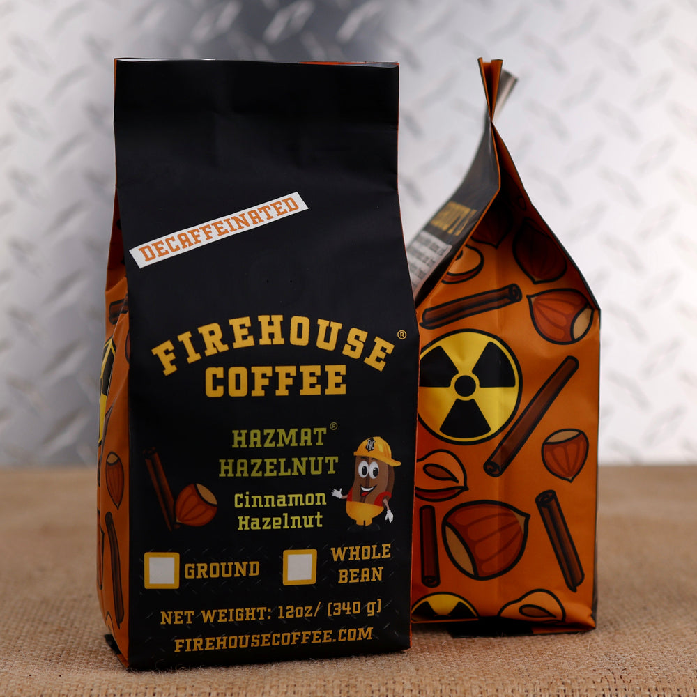 Firehouse Coffee Decaf Hazmat Hazelnut Cinnamon Hazelnut Flavored Coffee 12oz bag, Swiss Water Process decaffeinated premium Arabica coffee with roasted hazelnut and warm cinnamon flavors, freshly roasted.