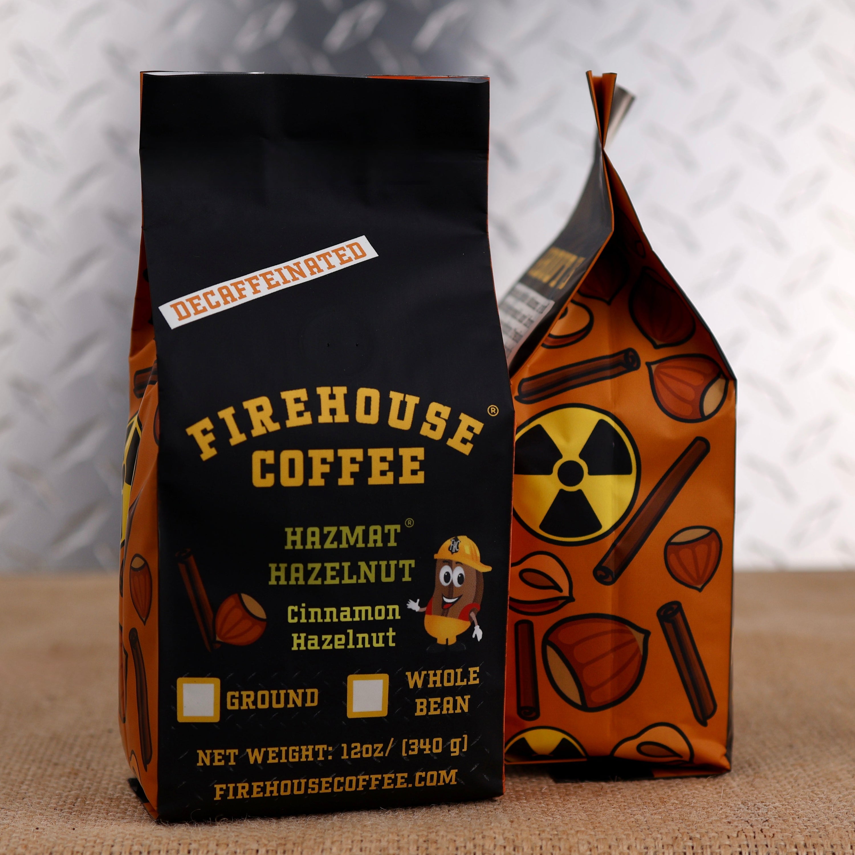 Firehouse Coffee Decaf Hazmat Hazelnut Cinnamon Hazelnut Flavored Coffee 12oz bag, Swiss Water Process decaffeinated premium Arabica coffee with roasted hazelnut and warm cinnamon flavors, freshly roasted.