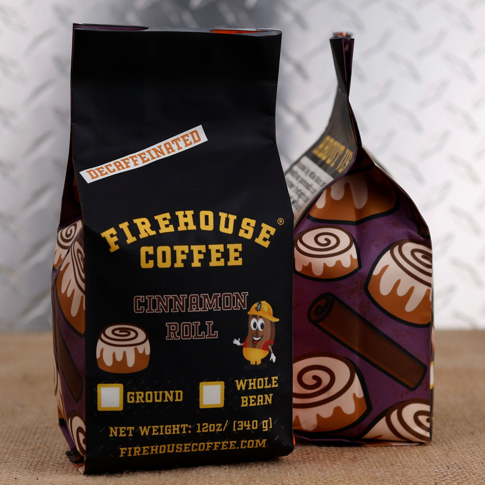 Firehouse Coffee Decaf Cinnamon Roll Flavored Coffee 12oz bag, Swiss Water Process decaffeinated premium Arabica coffee with warm cinnamon, brown sugar, buttery pastry, and vanilla icing flavors, freshly roasted.