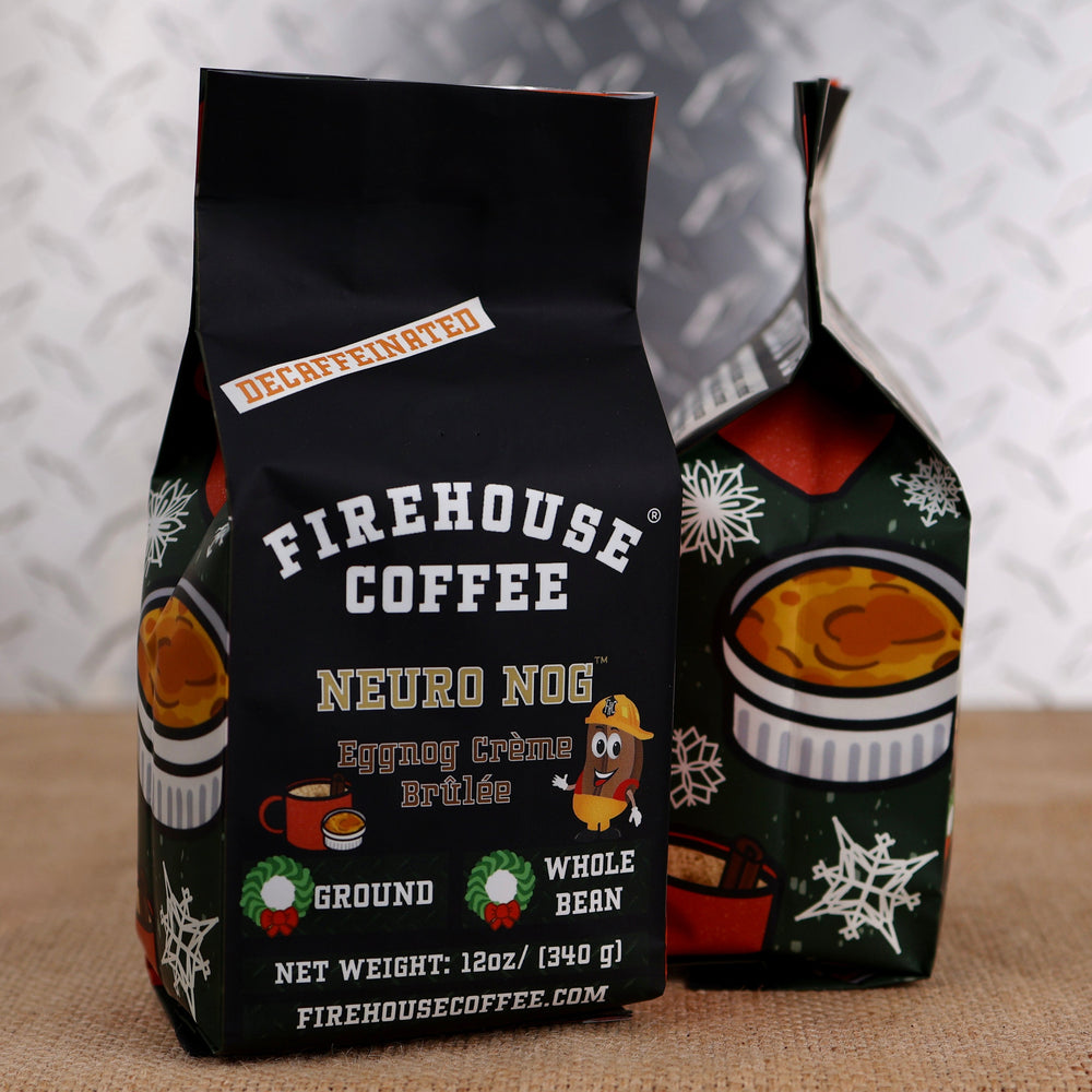 Firehouse Coffee Decaf Eggnog Crème Brûlée Flavored Coffee 12oz bag, Swiss Water Process decaffeinated premium Arabica coffee with creamy eggnog, vanilla custard, caramelized sugar, cinnamon, and nutmeg flavors, freshly roasted.