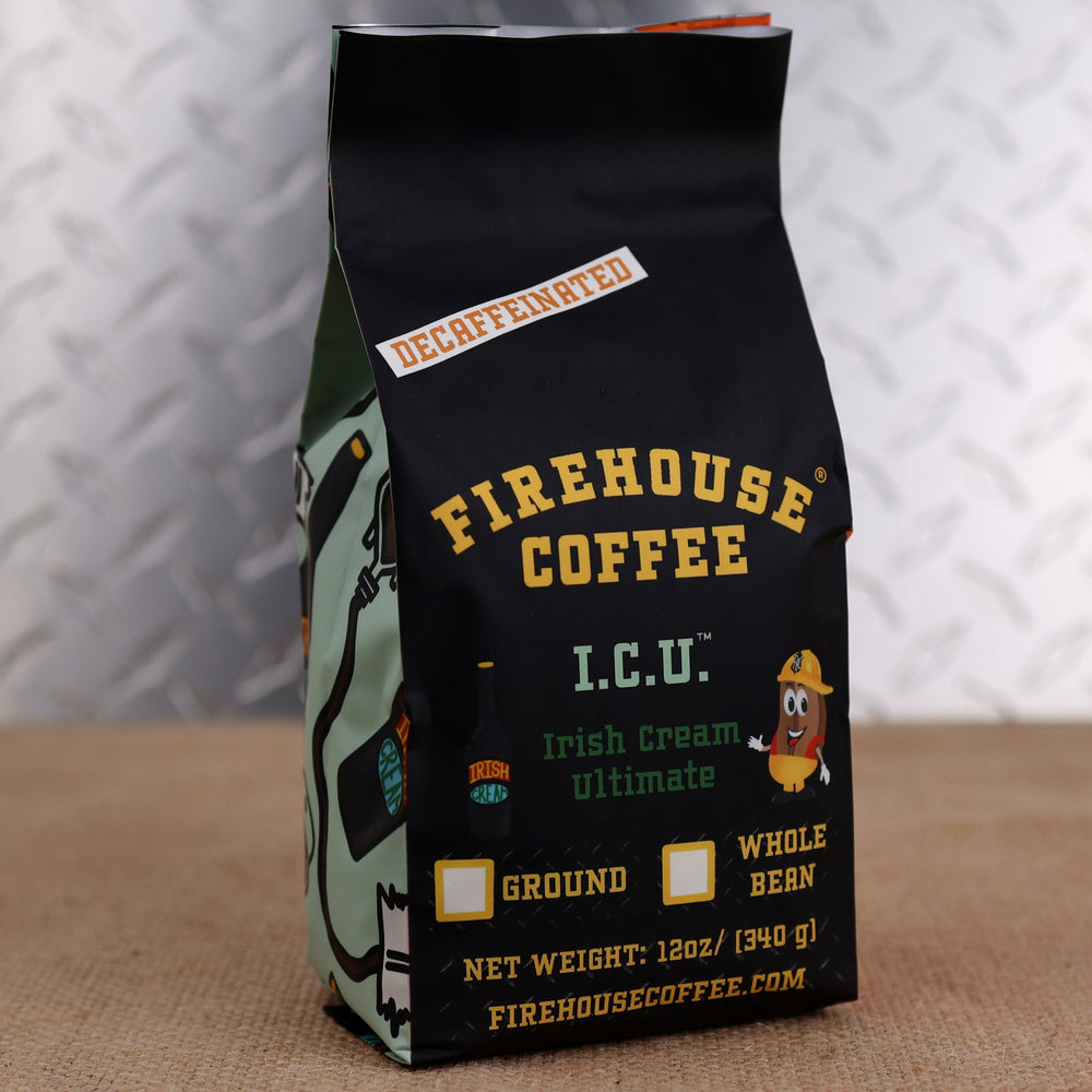 12 oz bag of Firehouse Coffee I.C.U.™ Decaf Irish Cream Ultimate flavored coffee with rich Irish cream, creamy vanilla, and smooth liqueur-inspired flavor. Premium fresh roasted decaf coffee available in whole bean or ground.