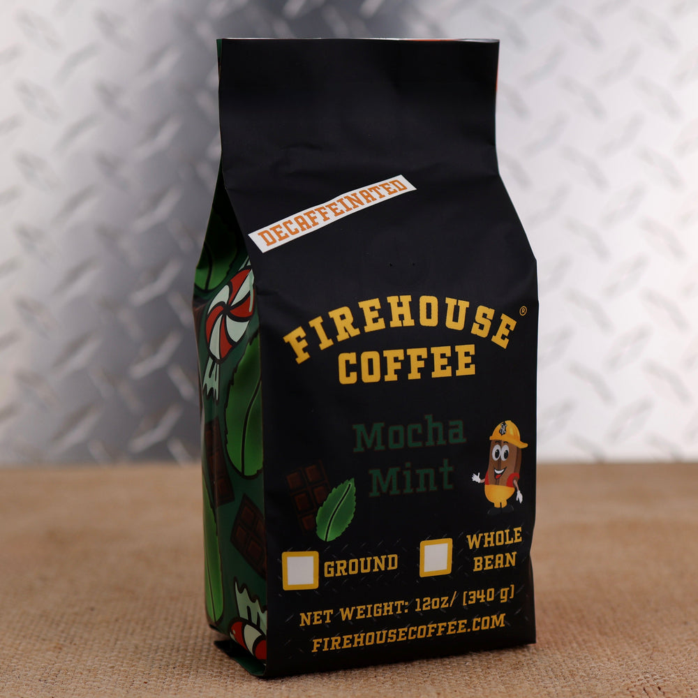 12oz bag of Firehouse Coffee Decaf Mocha Mint flavored coffee featuring chocolate and mint flavors, Swiss Water Process decaf coffee made from premium 100% Arabica beans.