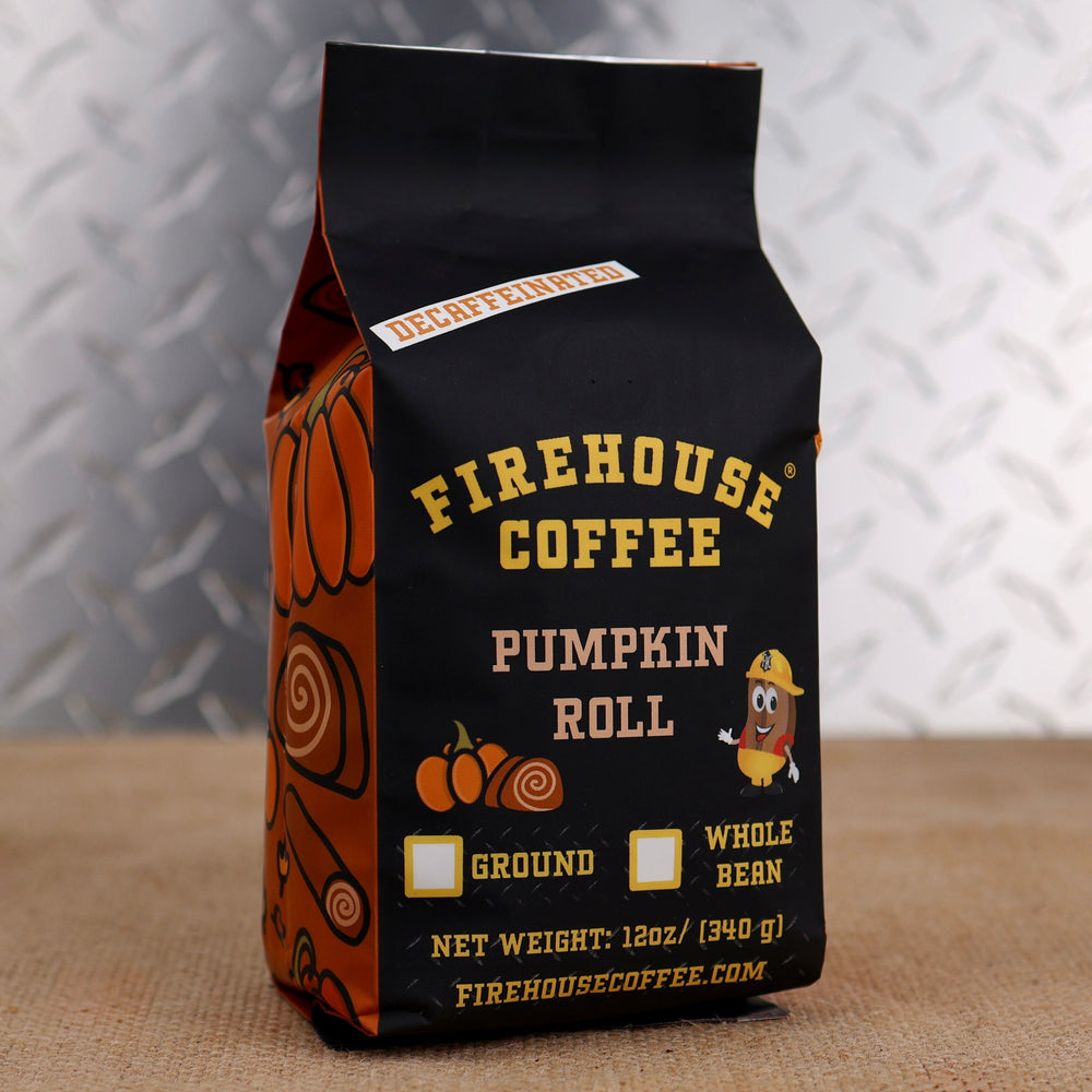 Firehouse Coffee Pumpkin Roll Decaf flavored coffee, 12oz premium Arabica coffee in a fall-themed bag with pumpkin roll, cinnamon, and vanilla flavors, naturally decaffeinated using the Swiss Water Process for a smooth, full-bodied cup.