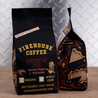 12oz bag of Firehouse Coffee Decaf Shoofly Pie flavored coffee with Pennsylvania Dutch-inspired brown sugar and molasses flavor, Swiss Water Process decaf coffee made from premium Arabica beans.