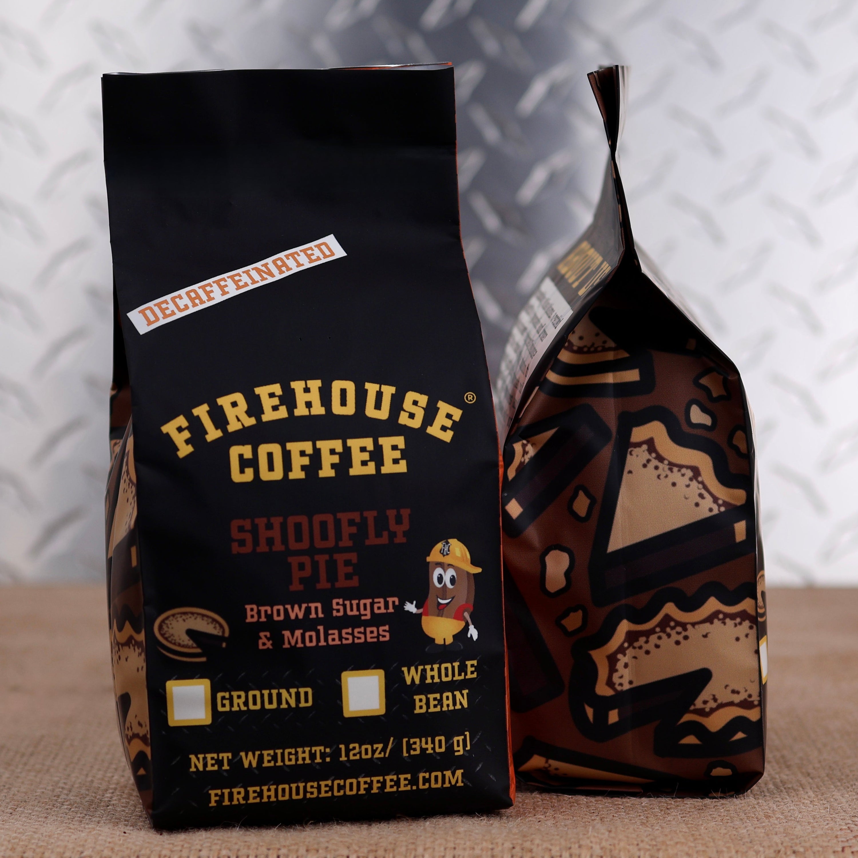 12oz bag of Firehouse Coffee Decaf Shoofly Pie flavored coffee with Pennsylvania Dutch-inspired brown sugar and molasses flavor, Swiss Water Process decaf coffee made from premium Arabica beans.