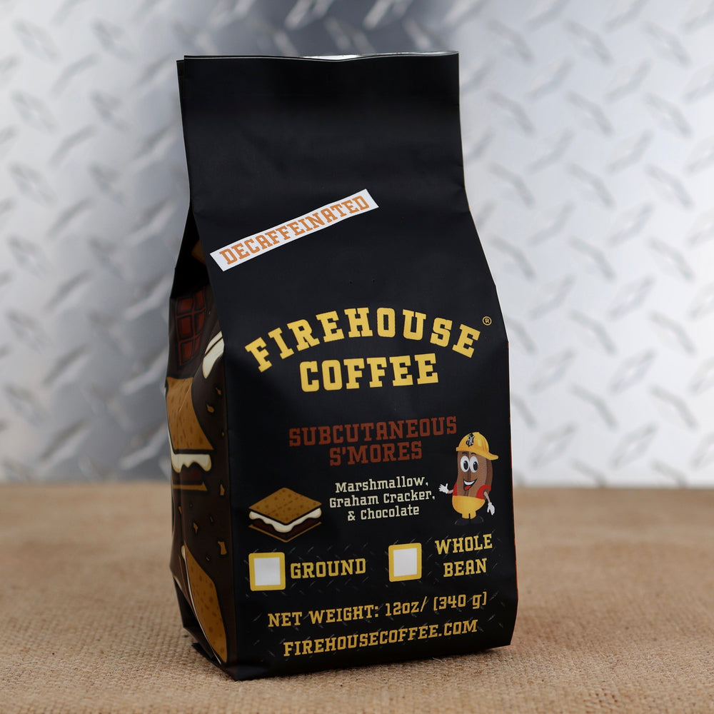 12oz bag of Firehouse Coffee Decaf S'mores flavored coffee featuring toasted marshmallow, chocolate, and graham cracker flavor, Swiss Water Process decaf made from premium 100% Arabica beans.