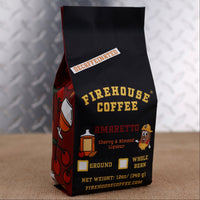 12 oz bag of Firehouse Coffee Decaf Amaretto coffee with smooth cherry and almond liqueur flavor, premium decaffeinated coffee handcrafted for a rich, flavorful cup in whole bean or ground.