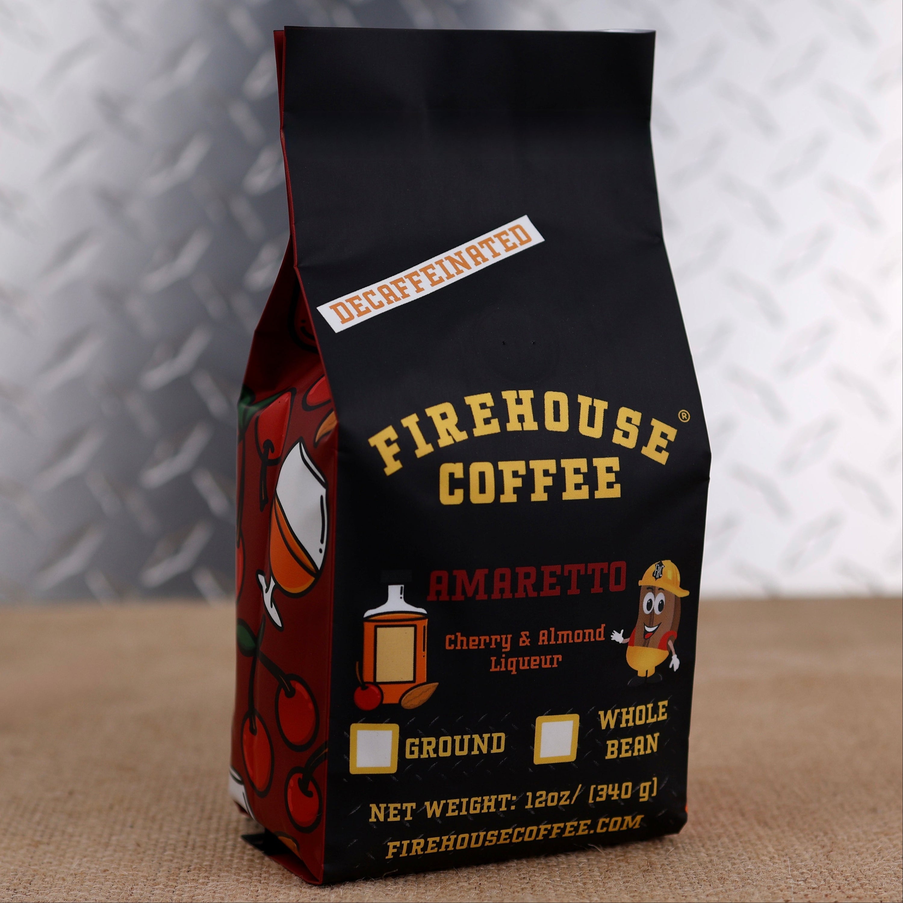12 oz bag of Firehouse Coffee Decaf Amaretto coffee with smooth cherry and almond liqueur flavor, premium decaffeinated coffee handcrafted for a rich, flavorful cup in whole bean or ground.