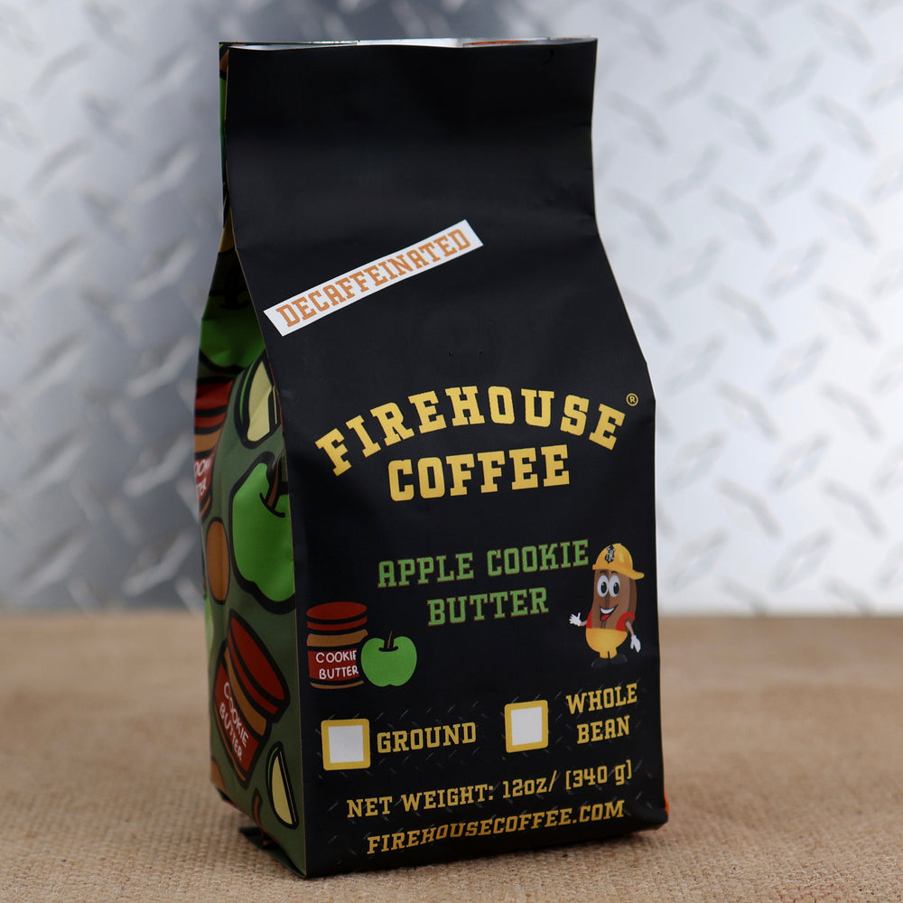 Firehouse Coffee Decaffeinated Apple Cookie Butter flavored coffee in a 12 oz bag featuring crisp apple and spiced cookie butter flavors. Swiss Water Process decaf coffee available in whole bean or ground for a smooth, rich fall-inspired brew.