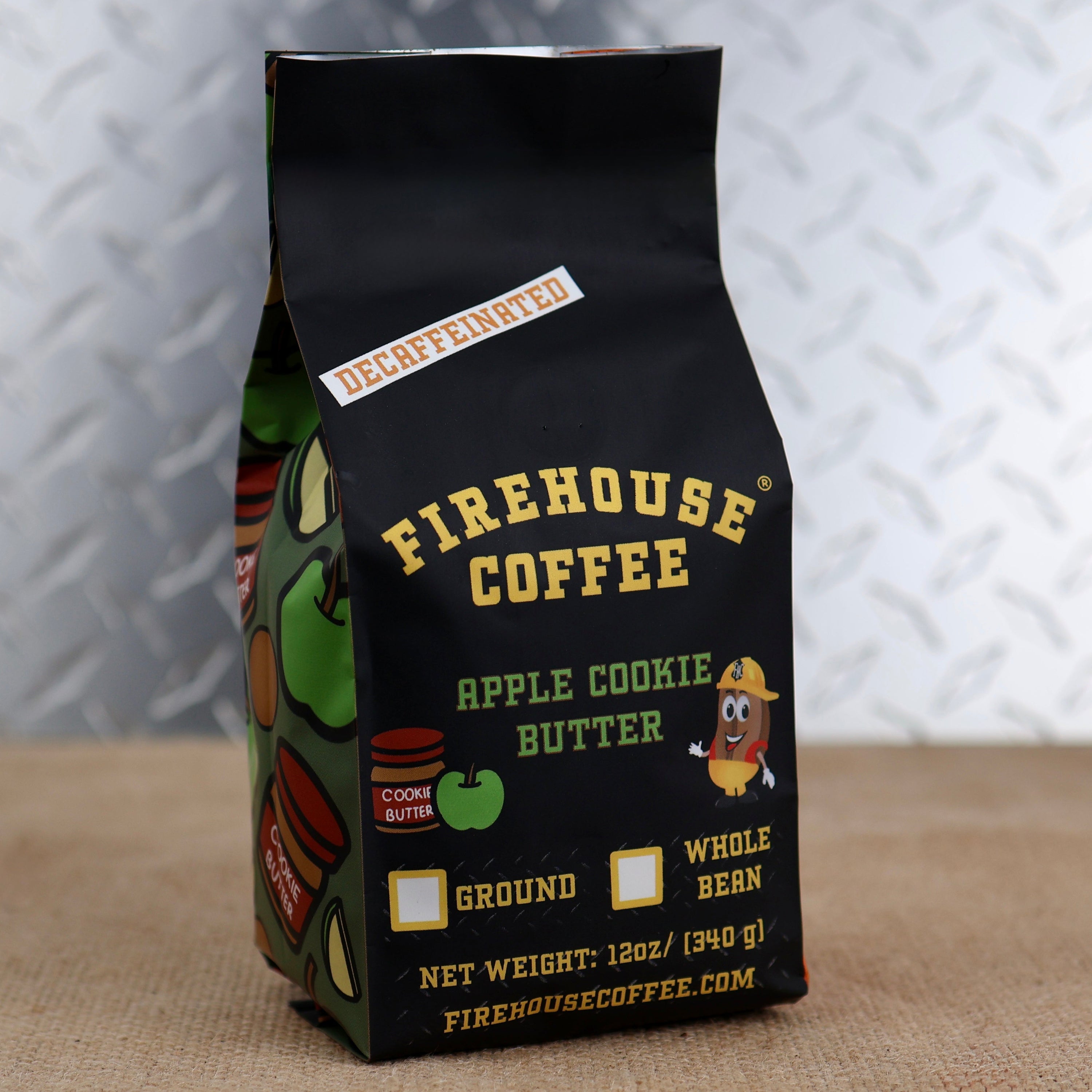 Firehouse Coffee Decaffeinated Apple Cookie Butter flavored coffee in a 12 oz bag featuring crisp apple and spiced cookie butter flavors. Swiss Water Process decaf coffee available in whole bean or ground for a smooth, rich fall-inspired brew.