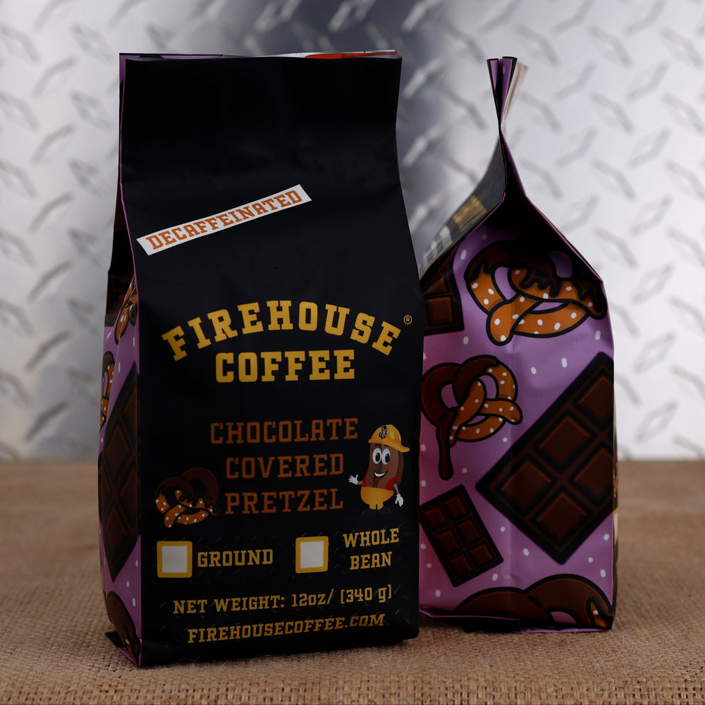 Firehouse Coffee Decaf Chocolate Covered Pretzel Flavored Coffee in a 12oz bag, Swiss Water Process decaffeinated premium Arabica coffee with rich milk chocolate and buttery pretzel flavors, freshly roasted in small batches.