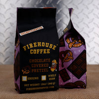 Firehouse Coffee Decaf Chocolate Covered Pretzel Flavored Coffee in a 12oz bag, Swiss Water Process decaffeinated premium Arabica coffee with rich milk chocolate and buttery pretzel flavors, freshly roasted in small batches.