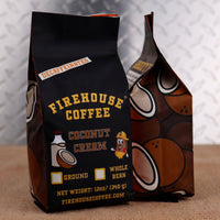 12oz bag of Firehouse Coffee Decaf Coconut Cream flavored coffee featuring creamy coconut flavor, Swiss Water Process decaf coffee made from premium 100% Arabica beans and freshly roasted.