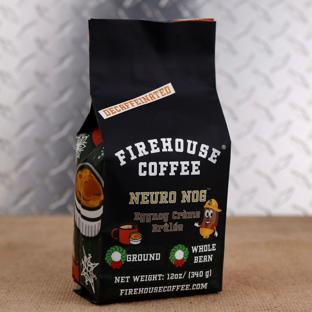 12oz bag of Firehouse Coffee Decaf Eggnog Crème Brûlée coffee featuring creamy holiday eggnog and caramelized vanilla custard flavors, Swiss Water Process decaf made from premium Arabica coffee beans.