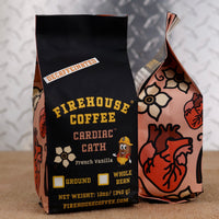Firehouse Coffee Decaf French Vanilla Custard Flavored Coffee 12oz bag, Swiss Water Process decaffeinated premium Arabica coffee with creamy French vanilla, rich vanilla custard, and buttery dessert flavors, freshly roasted.