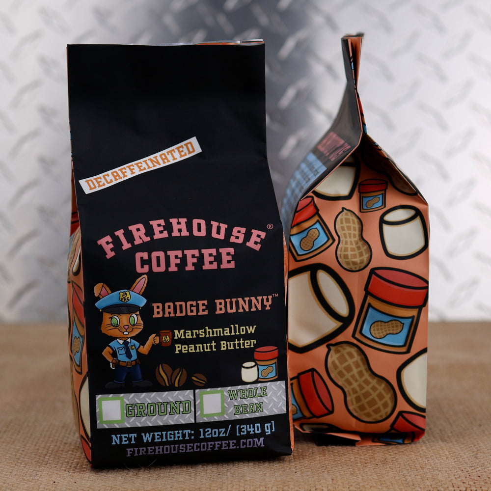 12 oz bag of Firehouse Coffee Badge Bunny Decaf Coffee, featuring premium Swiss Water Process decaf beans with rich peanut butter and sweet marshmallow flavor. Fresh roasted, available in whole bean or ground.