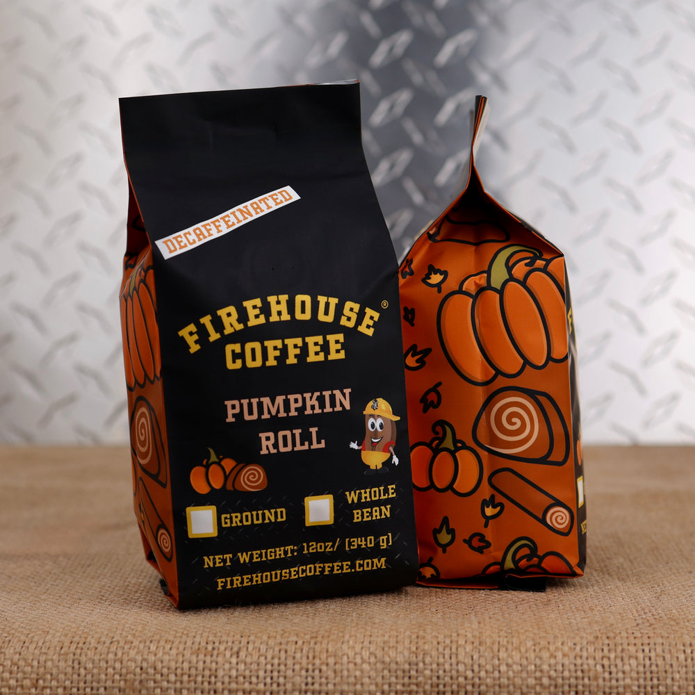 12oz bag of Firehouse Coffee Decaf Pumpkin Roll flavored coffee featuring a festive pumpkin-themed package, Swiss Water Process decaf coffee with rich pumpkin spice, cinnamon roll, and vanilla bakery flavors.