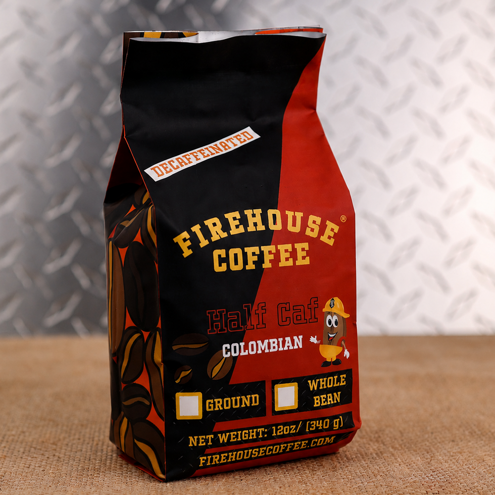Firehouse Coffee 1/2 Caf Colombian Coffee – Premium half-caffeinated blend of regular and decaffeinated Colombian coffee beans, freshly roasted for a smooth medium roast with rich caramel, cocoa, and toasted nut flavors. Available in whole bean or ground.