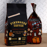 12 oz bag of Firehouse Coffee Ladder Truck Decaf coffee with smooth aged malt whiskey and vanilla flavor, freshly roasted and offered in whole bean or ground.