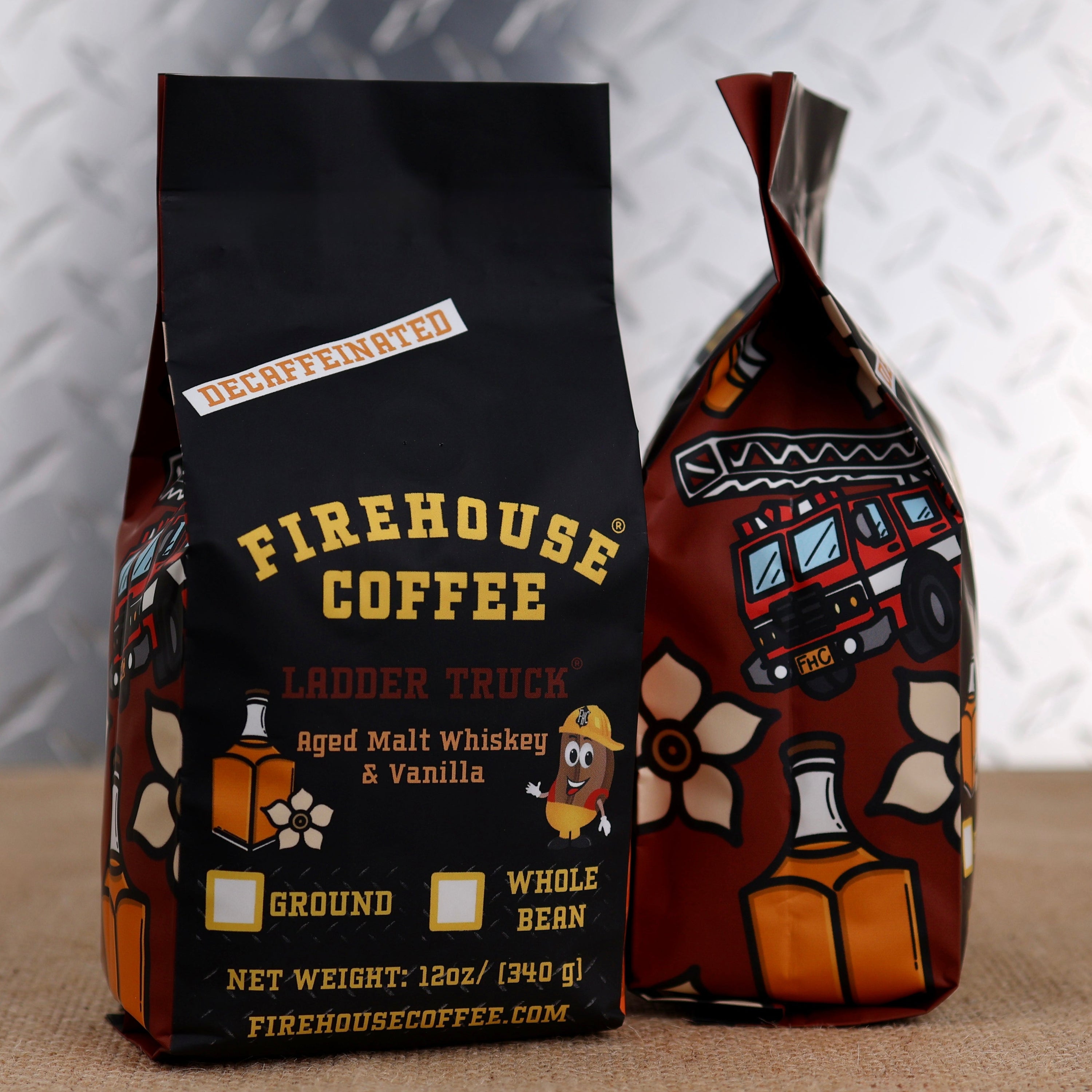 12 oz bag of Firehouse Coffee Ladder Truck Decaf coffee with smooth aged malt whiskey and vanilla flavor, freshly roasted and offered in whole bean or ground.