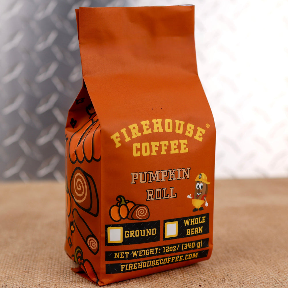 Firehouse Coffee Pumpkin Roll Flavored Coffee in a 12 oz orange coffee bag featuring sweet pumpkin roll flavor with warm fall spice notes. The package showcases pumpkin roll graphics, Firehouse Coffee branding, and options for ground or whole bean coffee.