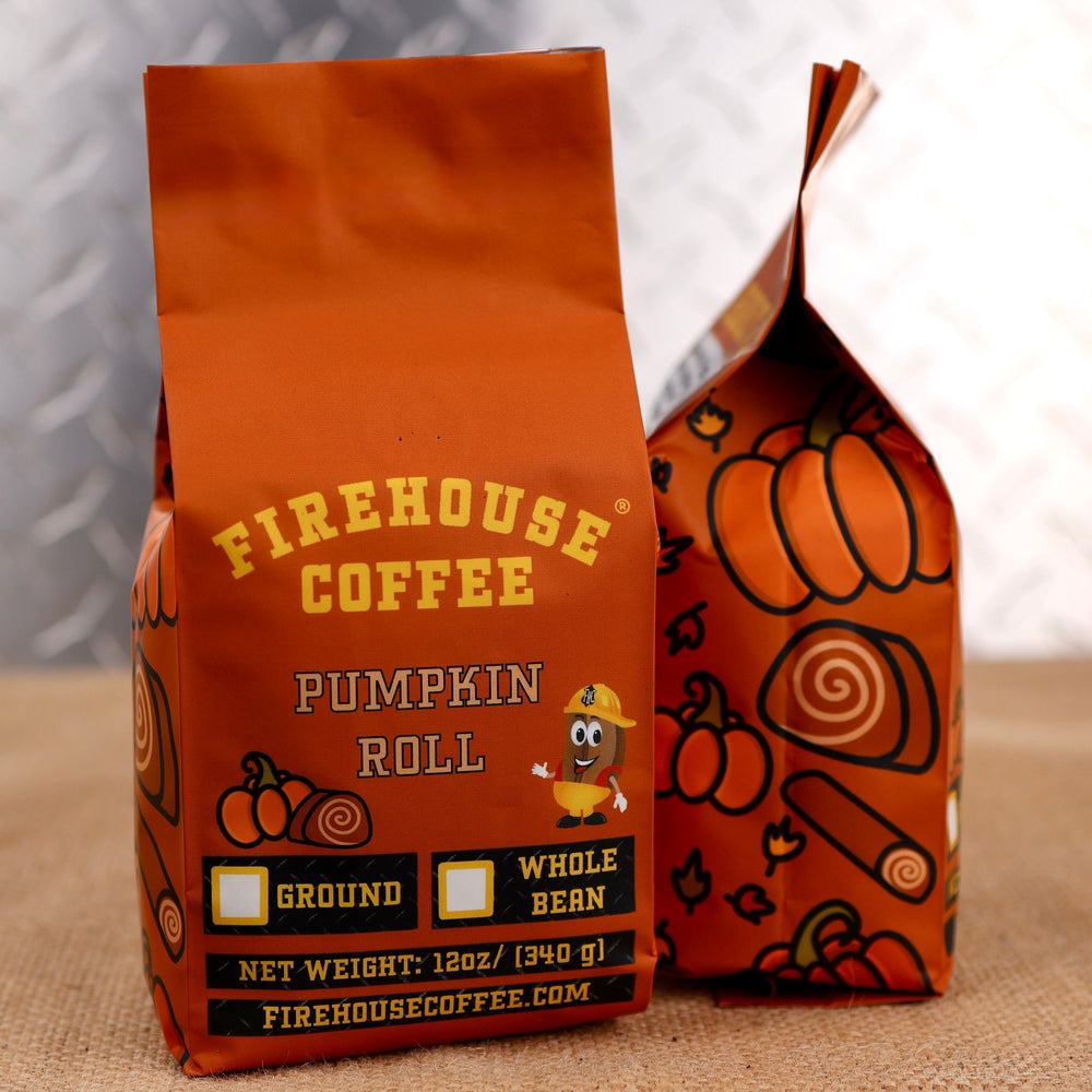 Firehouse Coffee Pumpkin Roll Flavored Coffee with sweet pumpkin, cinnamon spice, and bakery-fresh pumpkin roll flavors, available in ground or whole bean.