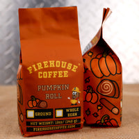 Firehouse Coffee Pumpkin Roll Flavored Coffee with sweet pumpkin, cinnamon spice, and bakery-fresh pumpkin roll flavors, available in ground or whole bean.