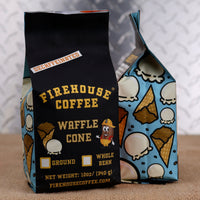 Firehouse Coffee Decaf Waffle Cone flavored coffee in a 12 oz bag featuring creamy vanilla ice cream and sweet waffle cone flavor. Freshly roasted gourmet decaffeinated coffee available in whole bean or ground for a rich, dessert-inspired coffee experience.