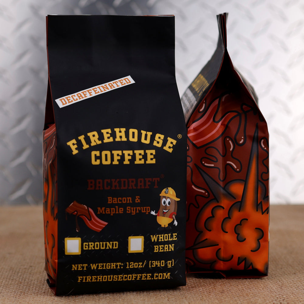 12 oz bag of Firehouse Coffee Backdraft™ Decaf Bacon & Maple Syrup flavored coffee with savory smoked bacon and rich maple syrup flavor. Premium fresh roasted decaffeinated coffee available in whole bean or ground.