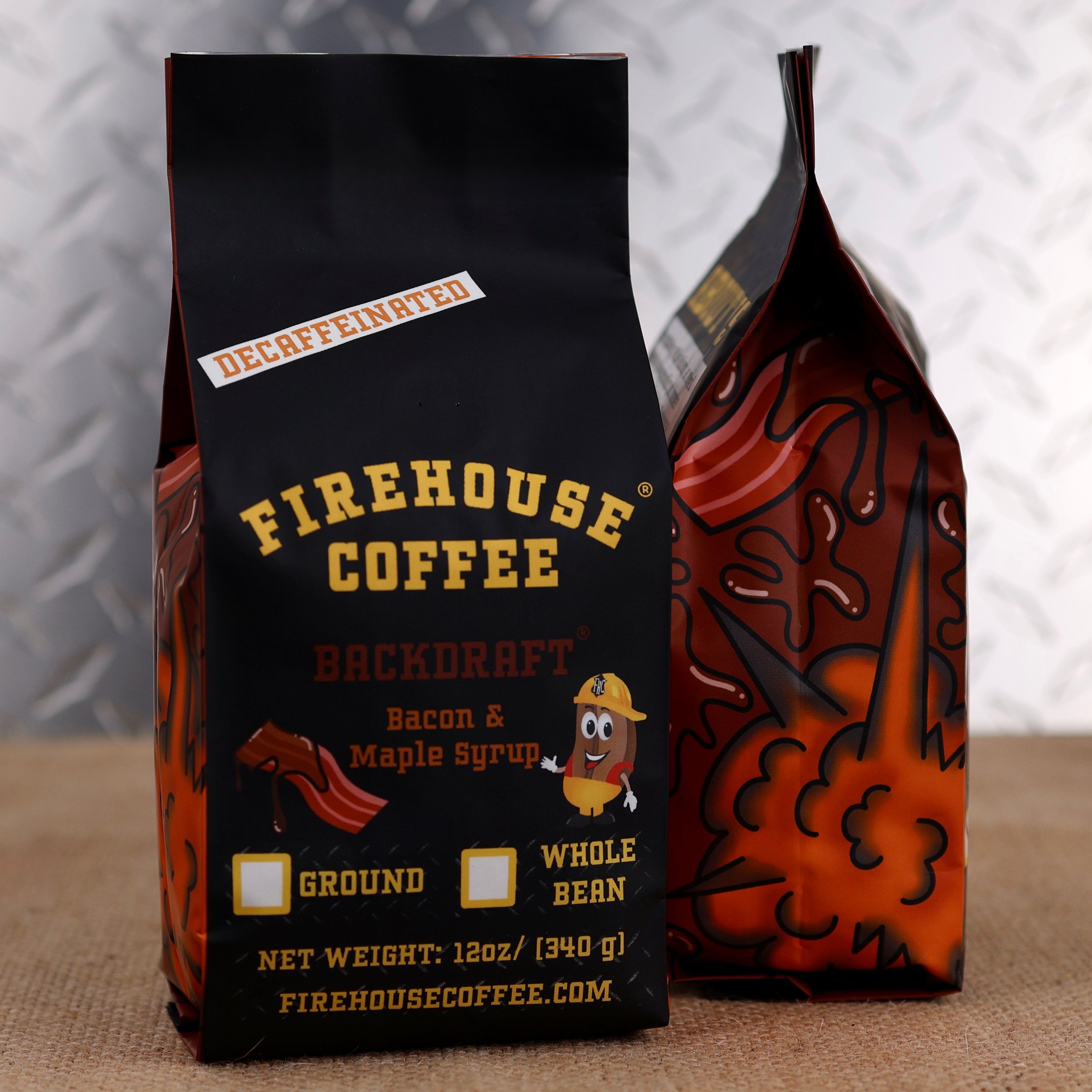 12 oz bag of Firehouse Coffee Backdraft™ Decaf Bacon & Maple Syrup flavored coffee with savory smoked bacon and rich maple syrup flavor. Premium fresh roasted decaffeinated coffee available in whole bean or ground.